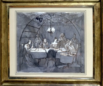 Fête des Cabanes no restaurante Kasher, da família de Moses Ulmann. Desenho sobre papel, lavagem com caneta em 1831 35,5 x 31,3 cm. (JM 189) Museu Judaico da Basiléia, Suíça. de Jewish School