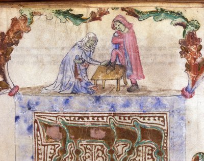 Judaísmo: Rito hebraico de lavagem dos pés (ablução) do viajante. Miniatura de um manuscrito hebraico do século XIV. Biblioteca Palatina, Parma de Jewish School