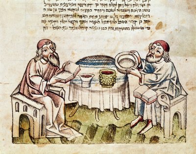 Judaísmo: "dois rabinos celebram a Páscoa com a cerimônia do Seder" Miniatura de um Mahzor (livro de orações em hebraico) Parma do século XV, Biblioteca Palatina de Jewish School