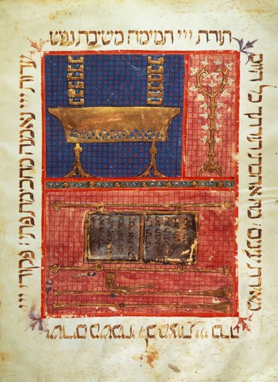 Página de um manuscrito de uma Bíblia hebraica. Objetos de adoração. Iluminação do século XIV. de Jewish School