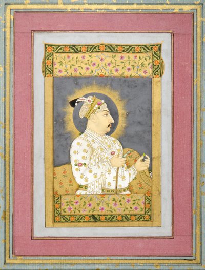 Retrato de Muhammad Shah segurando uma esmeralda e o bocal de um Huqqa, c.1730 tinta com wc & ouro em papel de Jharokha Nidha Mal