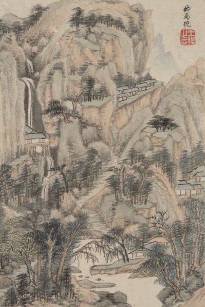 Paisagem no estilo de vários mestres antigos: no estilo de Ma Wan, 1669 (tinta e cor no papel) de Wang Jian