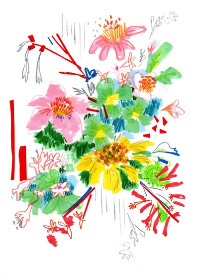 Floral Sketch 2, 2014 (caneta e tinta, colagem sobre papel) de Jo Chambers