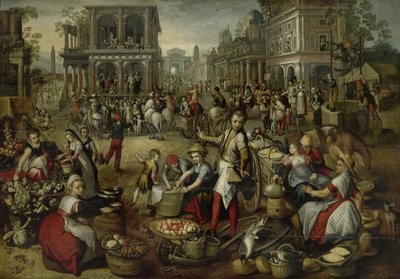 Mercado, com o Flagellation, o Ecce Homo e o Bearing of the Cross como pano de fundo de Joachim Bueckelaer (copy after)