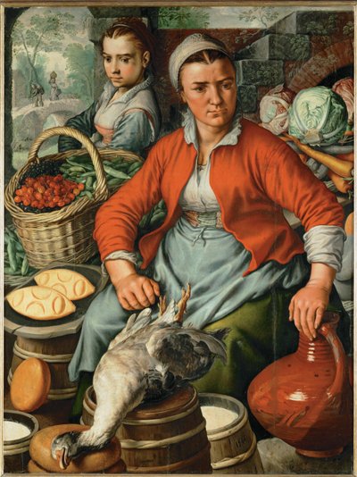 Mulher do campo no mercado (pintura sobre madeira de carvalho) de Joachim Bueckelaer