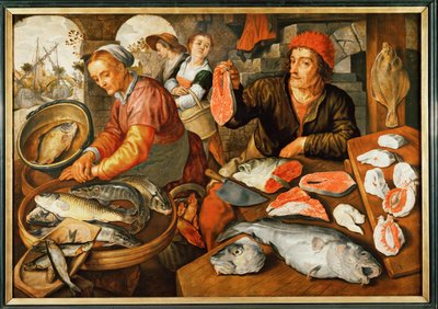 Mercado do peixe (óleo sobre madeira) de Joachim Bueckelaer