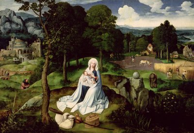 Descanse na fuga para o Egito (óleo no painel) de Joachim Patenier