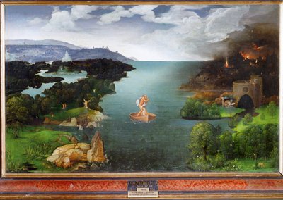 Paisagem com Caronte a atravessar o Estige, c.1515-1524 (óleo sobre madeira) de Joachim Patinir