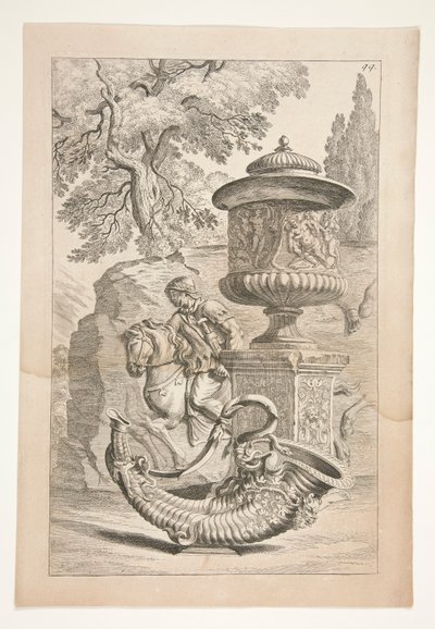 Um Relevo de Guerreiros, um vaso coberto decorado com um Relevo Báquico, e uma Cornucópia numa Paisagem de Joachim von Sandrart