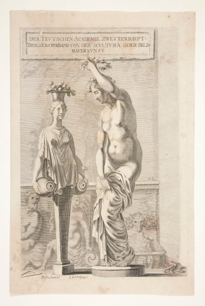 Uma estátua e um vaso de transporte de erva e fruta de Joachim von Sandrart