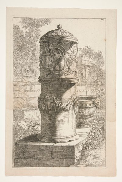 Uma Urna Coberta Alta e uma Tigela numa Paisagem com Ruínas Clássicas de Joachim von Sandrart