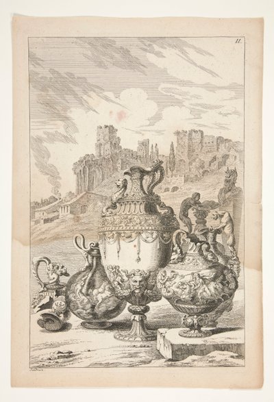 Quatro vasos, um vaso quebrado, um castiçal quebrado e um Herm em uma paisagem com ruínas clássicas de Joachim von Sandrart