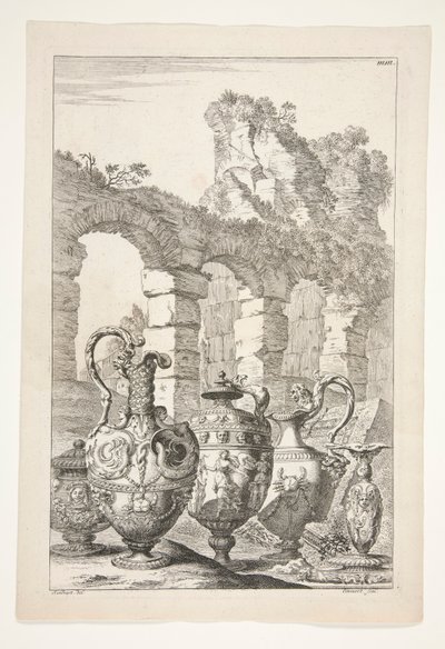 Três jarros, um vaso coberto e um castiçal em uma paisagem com ruínas de Joachim von Sandrart