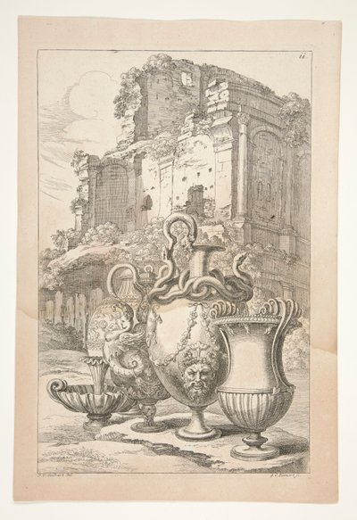 Vasos em uma paisagem entre ruínas antigas de Joachim von Sandrart
