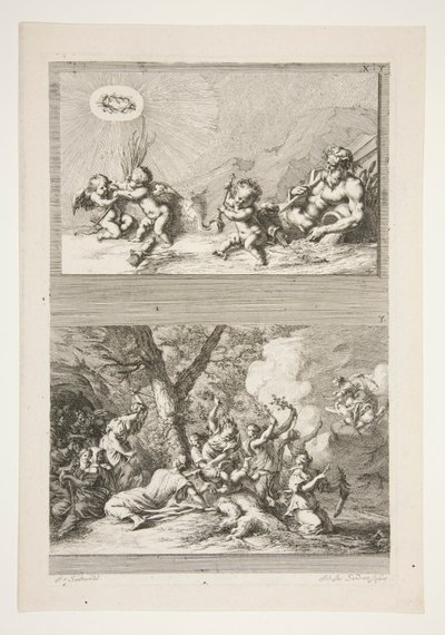 metade superior: Um deus do rio e Putti brincando com os símbolos da fama metade inferior: O Castigo do Cupido de Joachim von Sandrart