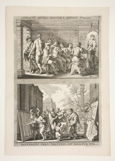 metade superior: COMPOSIT ZEUXES IUNONEM E QUINQUE PUELLIS metade inferior: PARRHASIUS VELO, VOLVCRIS CEV FALLITOR VUA de Joachim von Sandrart