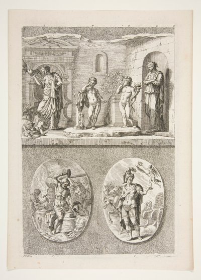 metade superior: quatro estátuas antigas metade inferior: Forja de Vulcano e um general romano vitorioso de Joachim von Sandrart