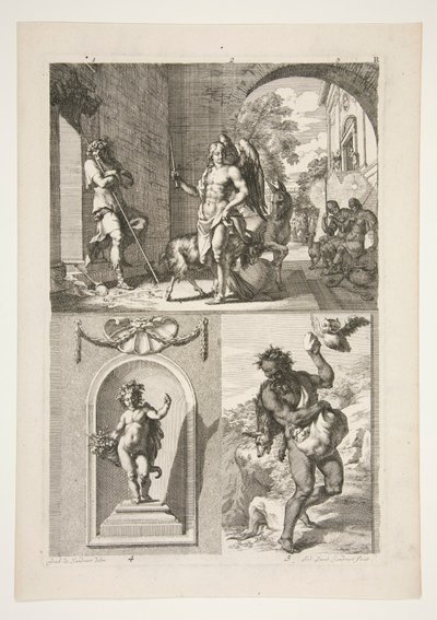 metade de cima: Metade inferior do assunto religioso desconhecido: Uma estátua de um putto num nicho e uma estátua de um fauno numa paisagem de Joachim von Sandrart