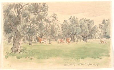 Paisagem grega com oliveiras e pastoreio de gado corado de Joakim Frederik Skovgaard