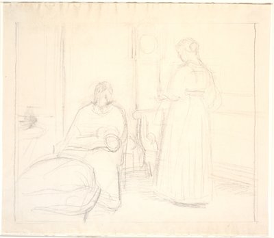 Interior com relógio e mulher sentada e em pé de Joakim Frederik Skovgaard