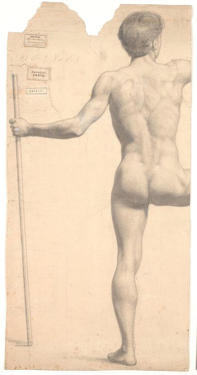 Modelo masculino em pé, visto de costas, bastão na mão esquerda, braço direito e perna decepada de Joakim Frederik Skovgaard