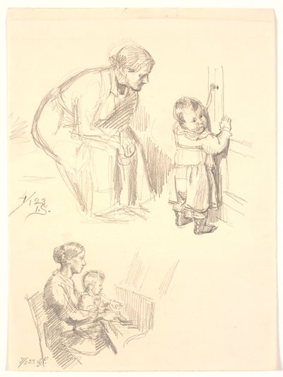Estudos de duas figuras. Acima, uma mulher sentada observando uma criança na porta; abaixo, uma mulher com uma faixa ao piano de Joakim Frederik Skovgaard