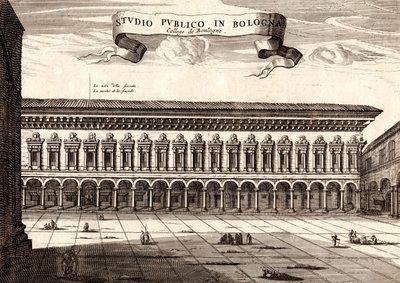 O Palácio Archiginnasio, Bolonha, Emilia-Romagna, Itália, gravura em cobre, cerca de 21x29 cm de Joan Blaeu