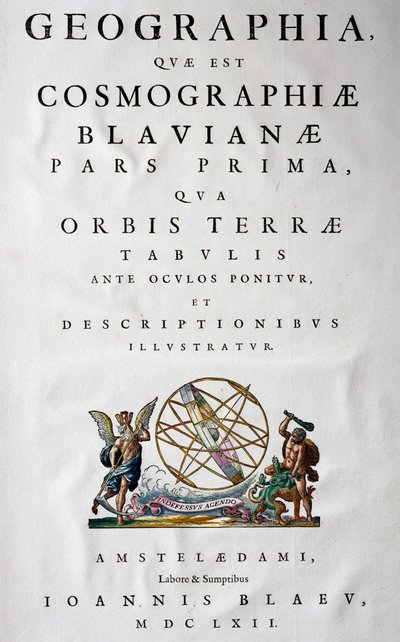 Página de título da Parte I, Atlas Maior, atlas em 11 volumes, de Joan Blaeu (1596-1673), gravura em cobre, 57,5x39 cm, Amsterdão de Joan Blaeu