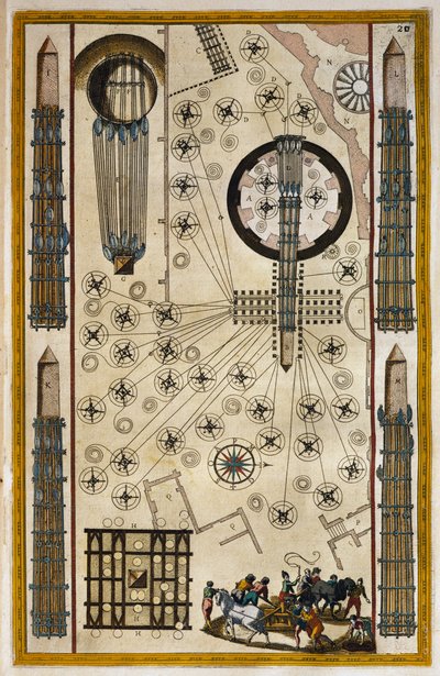 Guinchos para obelisco em movimento, gravura do Theatrum civitatum et admirandorum Italiae, de Joan Baleu (1596-1673) de Joan Blaeu