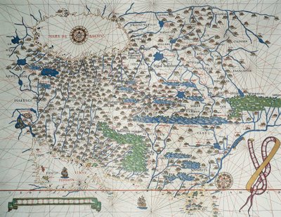 Mapa da Ásia, incluindo Armênia, Irã, Afeganistão, com a subida do vento, detalhes dos portos, costas e rotas marítimas, no Atlas de Joan Martines de Joan Martines