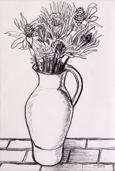 Jarro Marrom com Flores Secas, 2000, grafite de Joan Thewsey