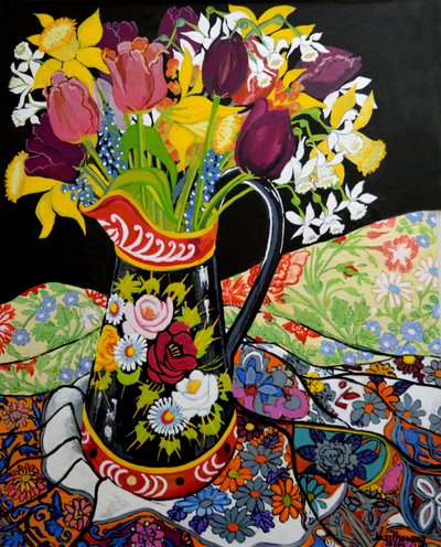 Jarro de Barco de Canal, Narcisos e Tulipas, 2005 (guache) de Joan Thewsey