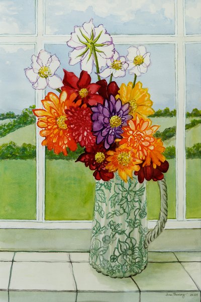 Dálias no peitoril da janela Cottage, 2010, aquarela de Joan Thewsey