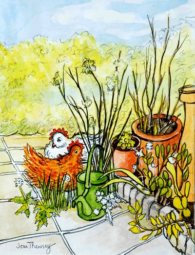 Galinhas e Panelas, Lucy Redman Open Garden, 2000, (lápis com aquarela) de Joan Thewsey