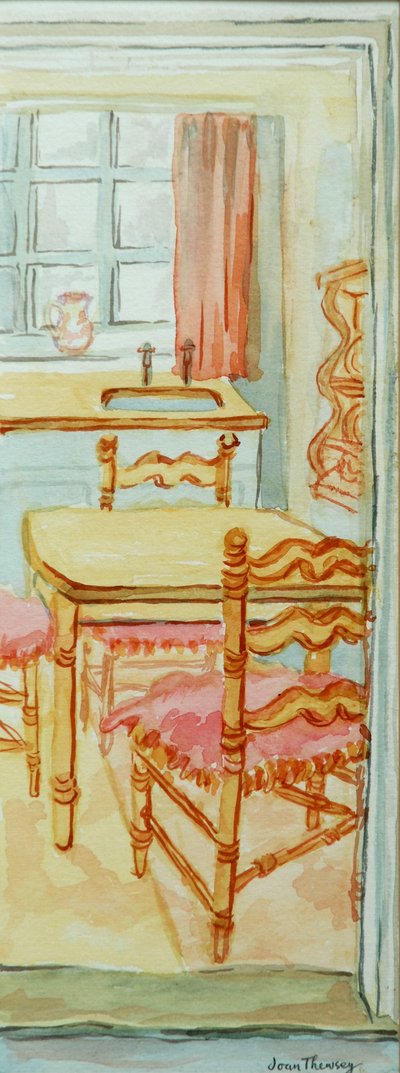 Red Cottage Kitchen, Suffolk, 2000, cor de água sobre papel artesanal de Joan Thewsey