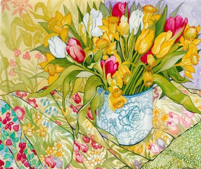 Tulipas e Narcisos com Tecidos Estampados, 2000, (cor de água) de Joan Thewsey