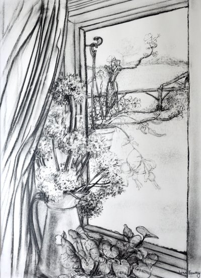 Vista através da janela da casa de campo, 1970 (carvão vegetal) de Joan Thewsey