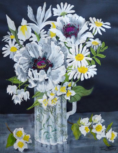 Papoulas Brancas, Marguerites e Filadelfo, (guache) de Joan Thewsey