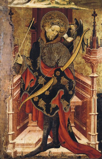 São Sebastião e Crucificação. c.1417-25 (tempera sobre madeira) de Joan or Juan Mates