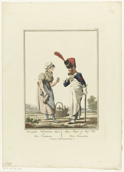 Sapper com um amor
Koninglijke Nederlandsche Sapeur en eene zoetelaarster (título sobre o objecto)
Fardas e fatos (título da série) de Joannes Bemme