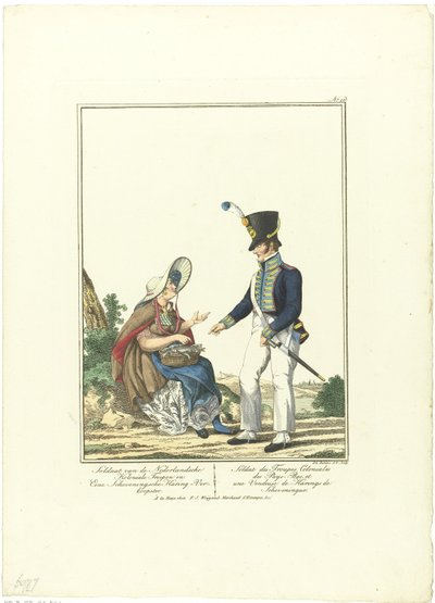 Soldado em um vendedor de arenques Soldado das tropas coloniais holandesas e um vendedor de arenque Scheveningen (título no objeto) Uniformes e fantasias (título da série) de Joannes Bemme