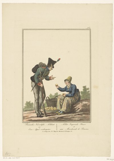 Soldado permanente perto de um vendedor de maçãs sentado
Soldado imperial russo e um vendedor de maçãs (título sobre o objecto)
Fardas e fatos (título da série) de Joannes Bemme