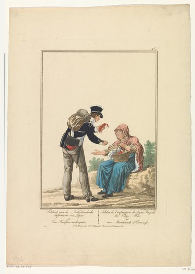 Soldado permanente com um vendedor de lagosta
Soldado da Infantaria Holandesa de Ligne, e vendedor de lagosta (título sobre o objecto)
Fardas e fatos (título da série) de Joannes Bemme