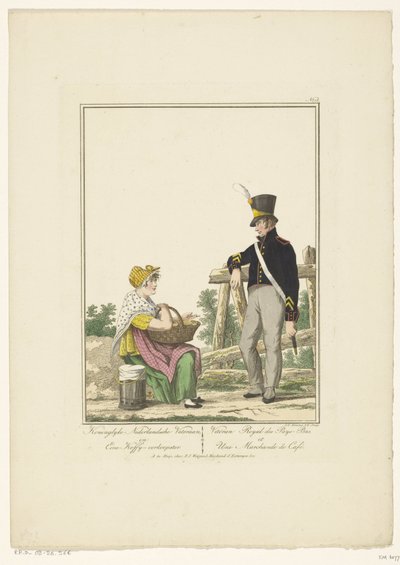 Soldado permanente com vendedor de café sentado
Veterano real holandês, e um vendedor de café (título sobre o objecto)
Fardas e fatos (título da série) de Joannes Bemme