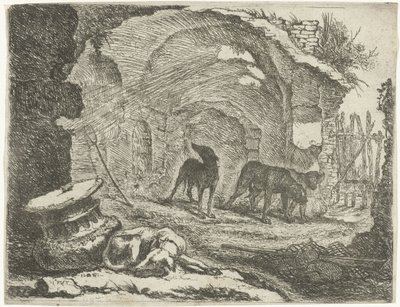 Quatro cães em uma ruína Cães (título da série) de Joannes Fijt