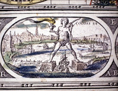 Representação das Sete Maravilhas da Antiguidade: o Colosso de Rodes. no Atlas de Jansson Jannsonius impresso em Amesterdão em 1630. Coleção privada. de Joannes Jansson