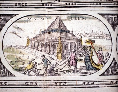 Representação das Sete Maravilhas da Antiguidade: o Mausoléu de Halicarnassus. no Atlas por Jansson Jannsonius impresso em Amesterdão em 1630. Coleção privada. de Joannes Jansson