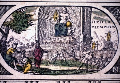 Representação das Sete Maravilhas da Antiguidade: a estátua de Júpiter (Zeus) de Phidias - em "O Atlas" de Jansson Jannsonius, impresso em Amsterdã em 1630 de Joannes Jansson
