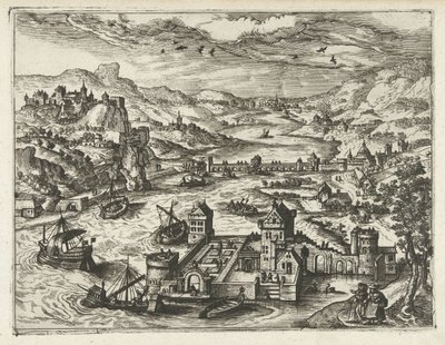 Paisagem fluvial com castelo de água
Paisagens, paisagens marinhas e paisagens urbanas imaginativas (título da série) de Joannes van Doetechum (I) (attributed to)