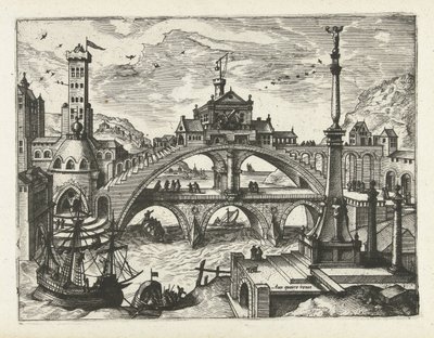 Cidade com ponte construída
Paisagens, paisagens marinhas e paisagens urbanas imaginativas (título da série) de Joannes van Doetechum (I) (attributed to)